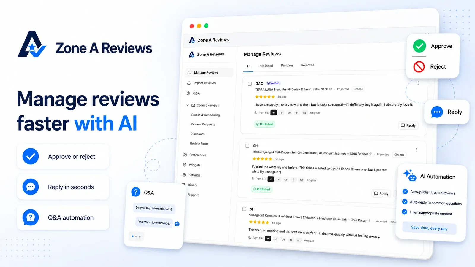 Zone A Reviews admin — managing reviews with approve, reject, and AI reply actions