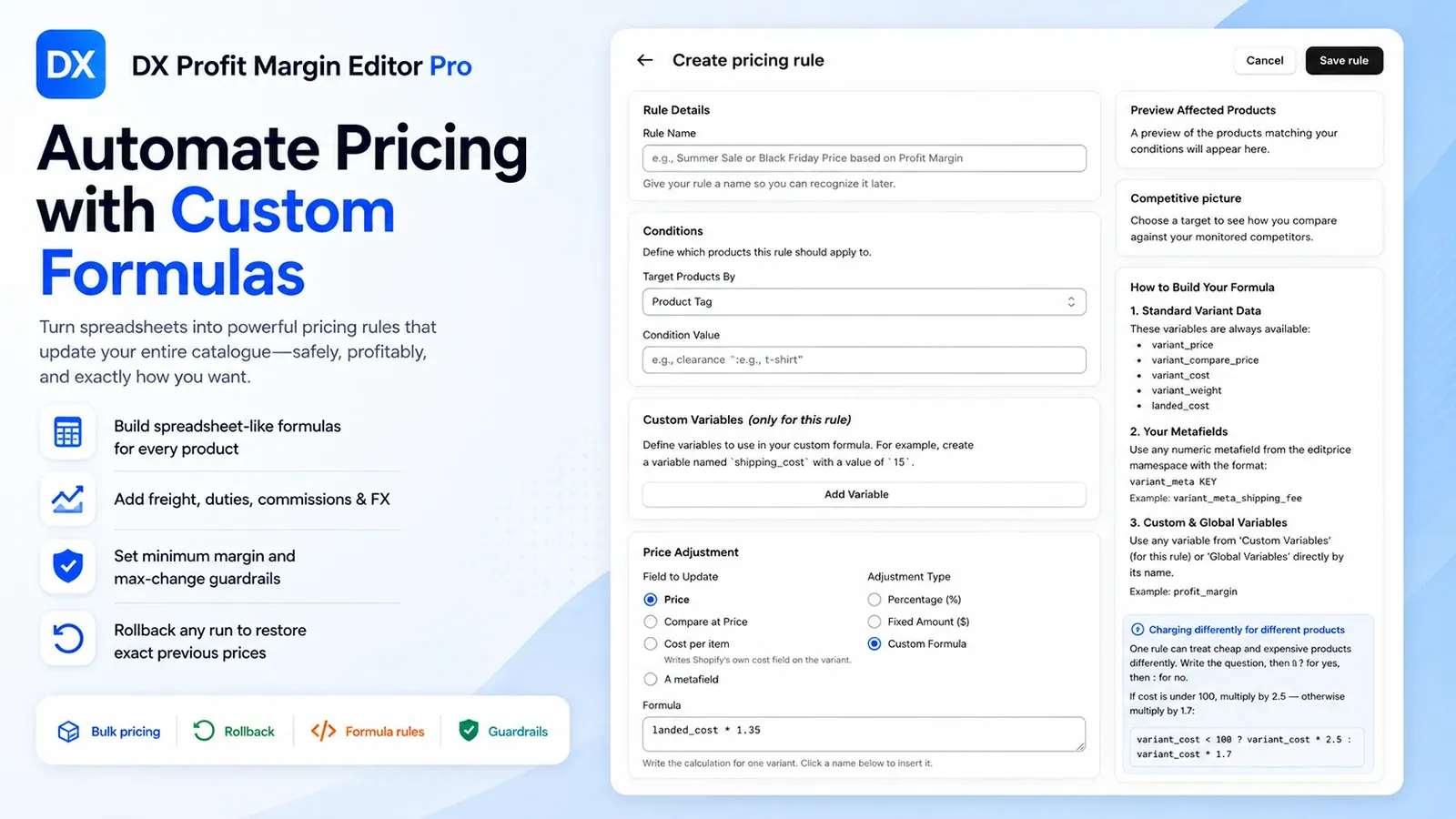 DX Profit Margin Editor Pro — creating a pricing rule with a custom formula