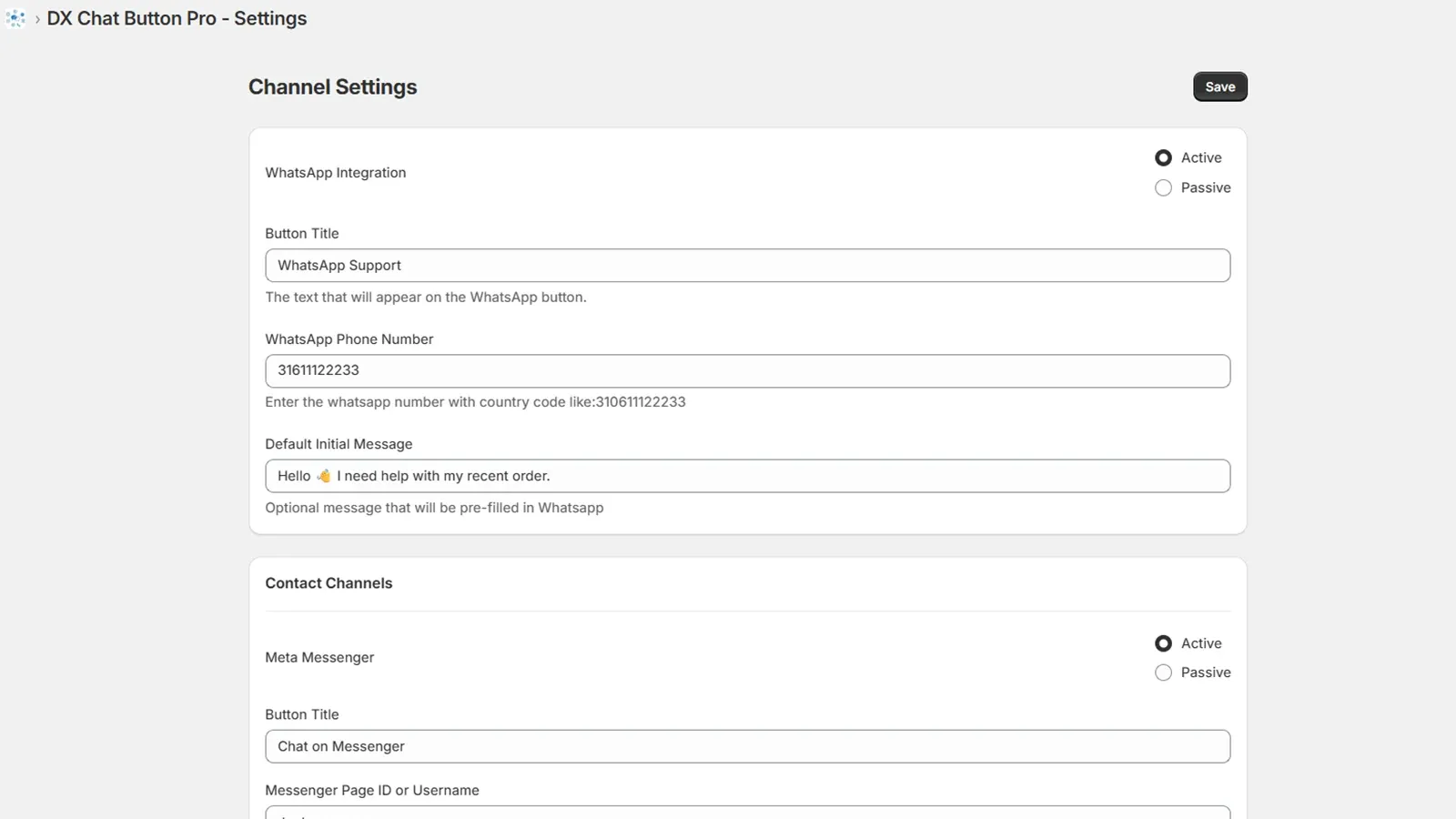DX Chat Button Pro — settings page
